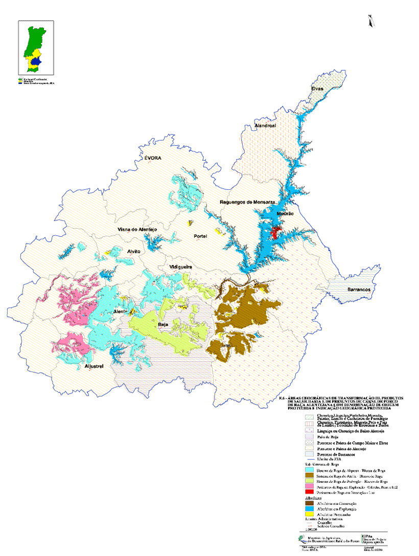 E.6.Áreas Geográficas de Transformação de Produtos de Salsicharia e de Presuntos de Carne de Porco de Raça Alentejana com DOP e IGP